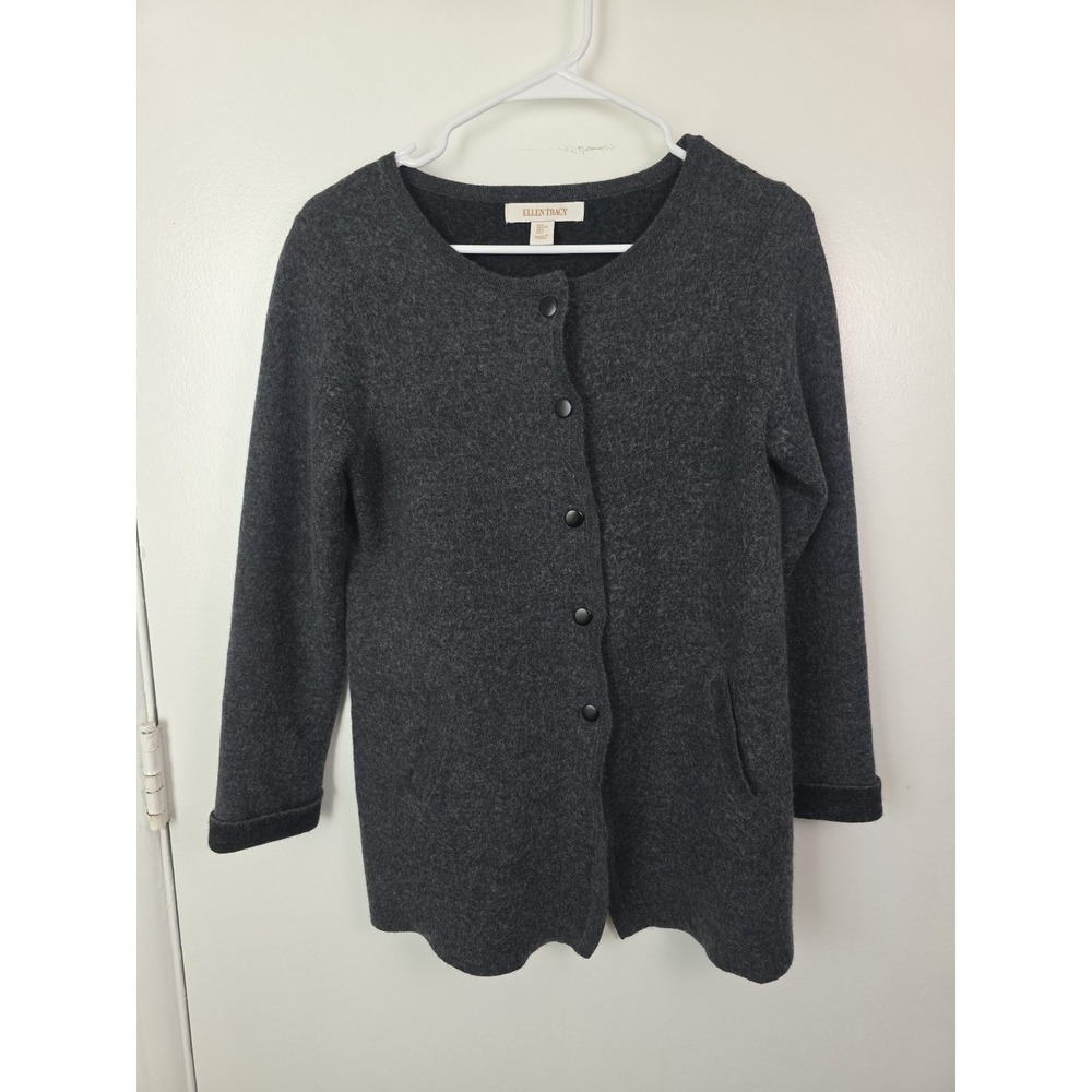 Ellen Tracy Gray Merino Wool Blend Knit Minimalist Luxury Cardigan Jacket Snaps
